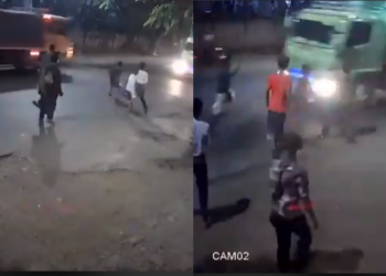 An Action by a Group of Teenagers to Stop a Truck, Run Over and Trigger a Collision in a Row