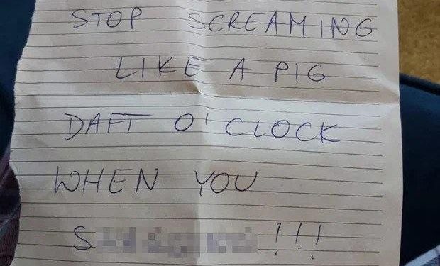 Fed-Up Neighbours Send A Woman A Note, Asking Her To Stop Screaming Like A Pig While Having Sex
