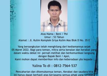 Sudah Dua Minggu Hilang, Anggota Dewan Penasehat PSMTI Riau Benny Belum Ditemukan