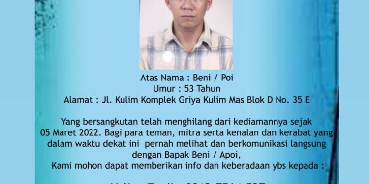 Sudah Dua Minggu Hilang, Anggota Dewan Penasehat PSMTI Riau Benny Belum Ditemukan